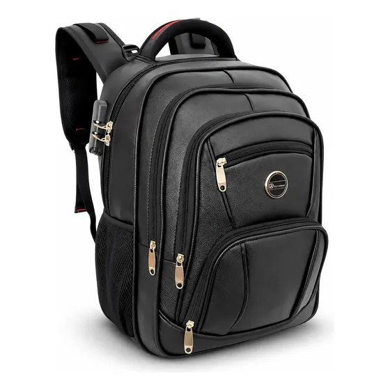 Mochila De Couro Masculina Grande Semi Impermeável Trabalho Preto