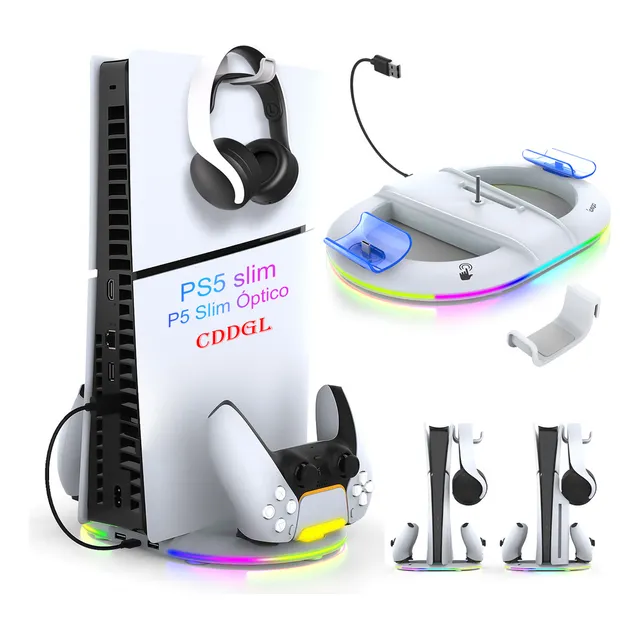 Cddgl Soporte De Vertical Para Ps5 Slim Disco Y Digital,led Cargador Control Base con 14 Efectos De Luz Rgb Ajustables Y 2 Cargadores Controladores Blanco