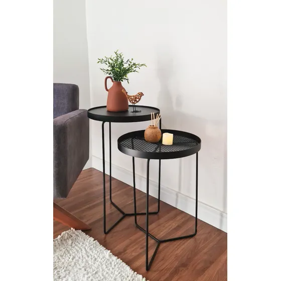 Conjunto Mesa Lateral  De Ferro Estilo Industrial Preta