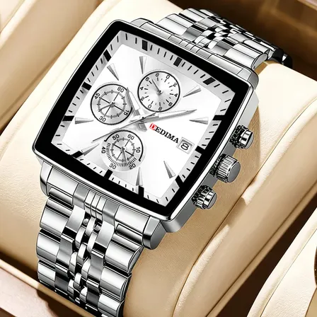 Relógio Masculino Quadrado Cronômetro Multifuncional Quartz Prateado Branco