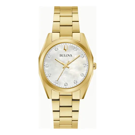 Reloj Bulova 97p172 Colección Surveyor Para Dama Diamantes Correa Dorado Bisel Dorado Fondo Madre Perla