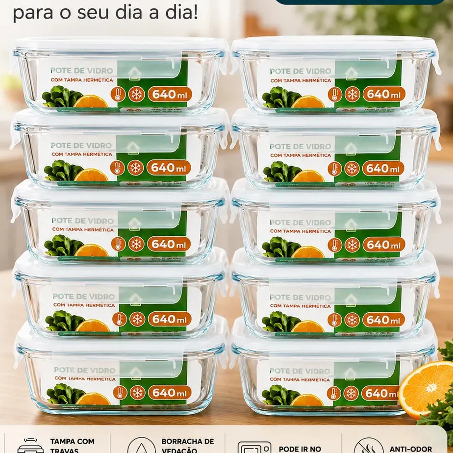 Kit 10 Potes Herméticos De Vidro 640ml Haushop Tampa Vedação Firme Para Geladeira E Despensa Organização Da Cozinha