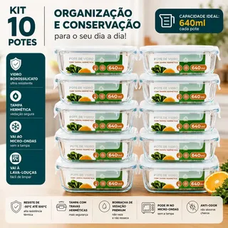 Haushop Kit 10 Potes Herméticos De Vidro 640ml Haushop Tampa Vedação Firme Para G