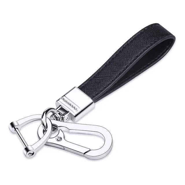 Llavero Cinta Cuero Negro Mosqueton Y Anillo Metal Cromado