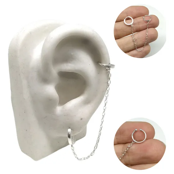 Brinco Click Com Corrente E Piercing Fake Argola Prata 925