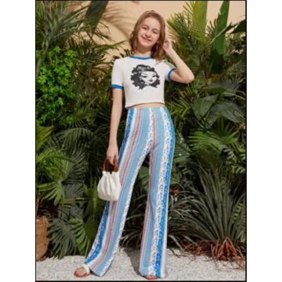 Shein Chicas Camiseta Con Pantalones Amplios Con Estampado