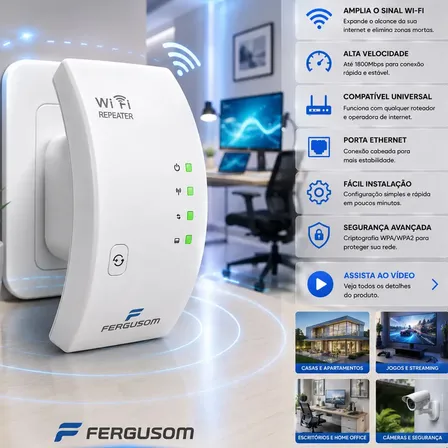 Repetidor De Sinal Wifi Roteador Wireless Amplificador Potente Sem Fio Turbo Cor Branco 1800mbps Longo Alcance Internet Porta Ethernet Casa Escritório Configuração Fácil Marca Fergusom