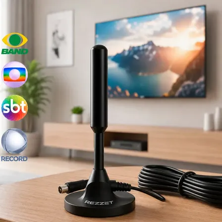 Antena Digital Sinal 4k Smart Tv Interna Externa Amplificador Hdtv Uhf Com Cabo Longo E Base Magnética Rezzet