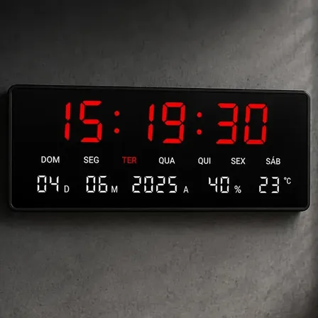 Relógio Parede Led Digital Alarme Sensor Humidade Temperatura Grande 36.5x16cm Entrada Academia Hospital Igreja Comércio Recepção Calendário Data Hora 12/24h Dia Mês Ano Memória Bivolt Vermelho Branco