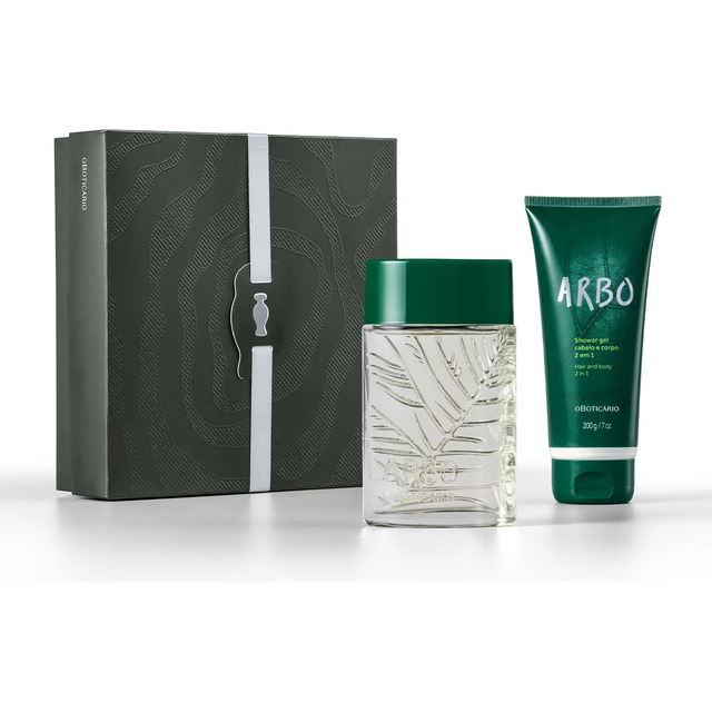 Kit presente O Boticário Arbo contendo um frasco de desodorante colônia de 100ml, uma bisnaga de shower gel de 200g e uma caixa de presente decorada em tons de verde escuro.