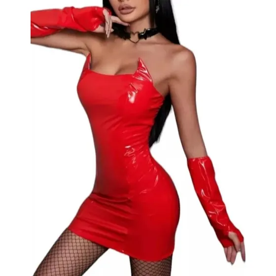 Vestido Ajustado Tubo De Charol Con Guantes 