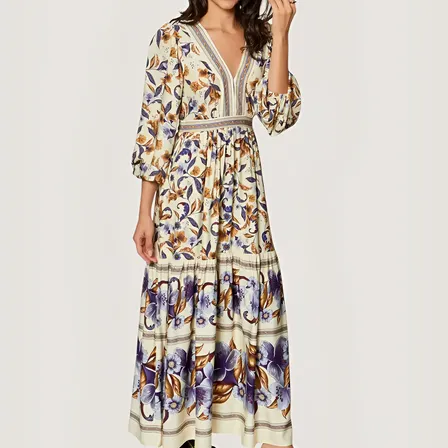 Vestido Longo Lenco Maye Bege Farm Floral Maye_bg Macrame Florido G