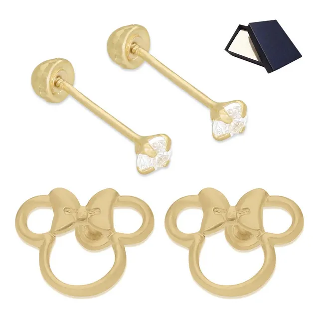 Aretes Broqueles Oro 10k Raton Moño Mujer Bebe Niña 2 Pares