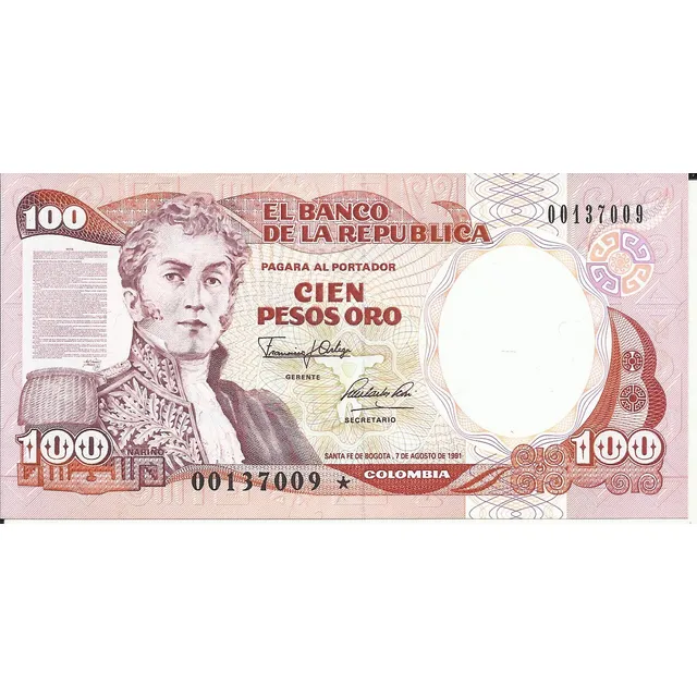 Colombia Reposición 100 Pesos Oro 7 Agosto 1991