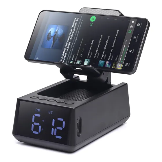 Caixa De Som Bluetooth 8w Relógio Digital E Suporte Celular