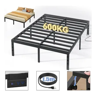 Furrific® Base De Cama King Metal Camas 202cm X 192cm X 36cm Cama De Hierro Económica Con 1.5 Enchufe(2usb Y 2tomas)base De Cama Resistente, Plataforma De Metal De Tamaño Con Espacio Almacenamiento