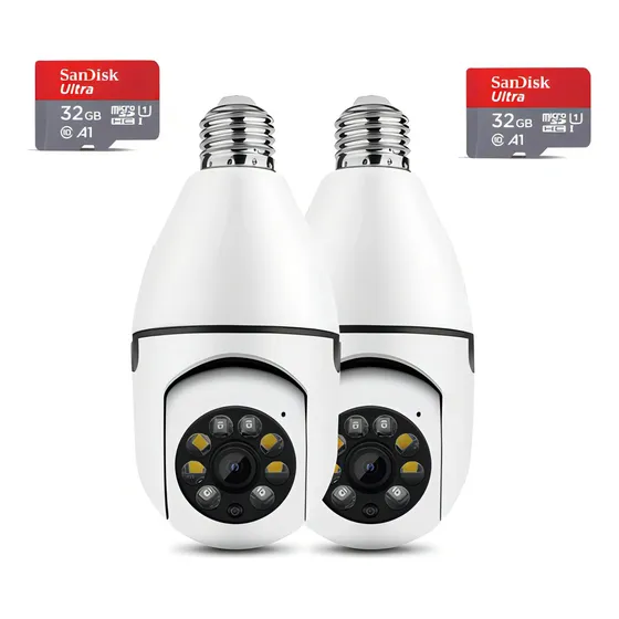 Kit 2 Câmera Lâmpada Espia Giratória Wifi + Cartão Memória Cor Branco