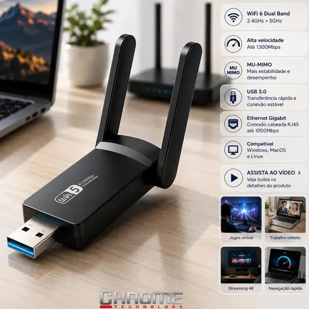 Adaptador Wifi Computador Pc Notebook Jogos Usb 3.0 Dual Band 5ghz Wifi 6 - Placa De Rede Wifi Gigabit Alta Velocidade Mu-mimo - Adaptador Ethernet Usb Rj45 Rtl8812bu Compatível C/ Mac Windows Linux.