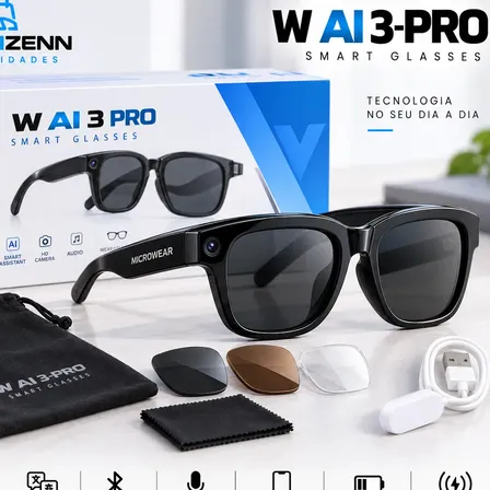 Óculos Inteligente W93aipro Câmera 4k Tradução Bluetooth Preto, Transparente, Marrom Preto 15cm Frontal