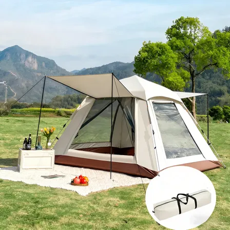 Barraca Automática Camping 4/5 Pessoas 210x210x145cm Palha Impermeável 1500mm Upf 50+ Resistente A Ventos 6 Graus | +50 Km/h Espaço Extra Amplo