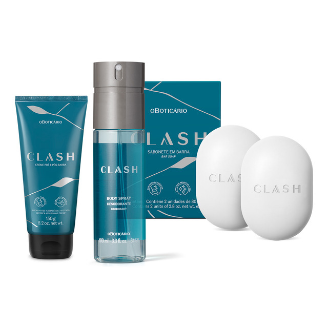 Combo Clash: Sabonete Em Barra 2x80g + Creme Pré E Pós-barba 150g + Body Spray 100ml