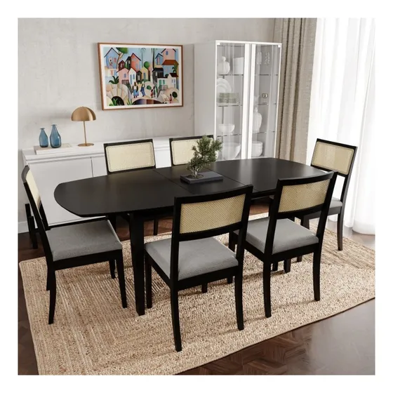 Conjunto Mesa Extensível Oval 6 Cadeira Madeira Maciça