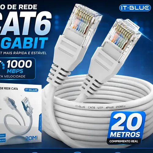 Cabo de Rede CAT6 20 Metros RJ45 It-Blue CFTV Conector Ouro