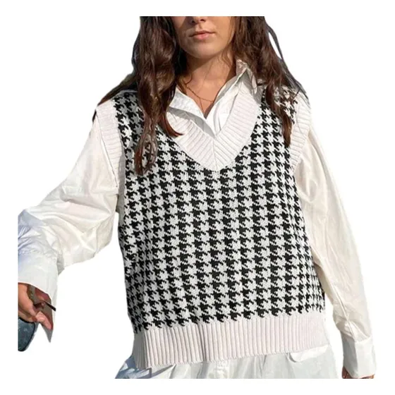 Chaleco Pullover Dama Cuadros Cuello En V Sin Mangas Tejido