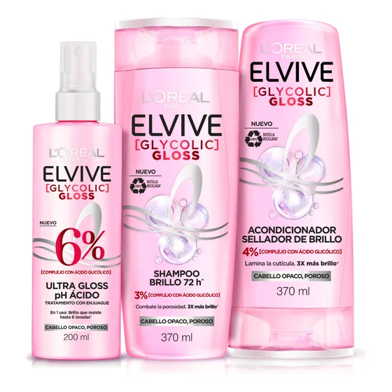 Pack Elvive Glycogloss Shampoo + Acondicionador + Spray Tto