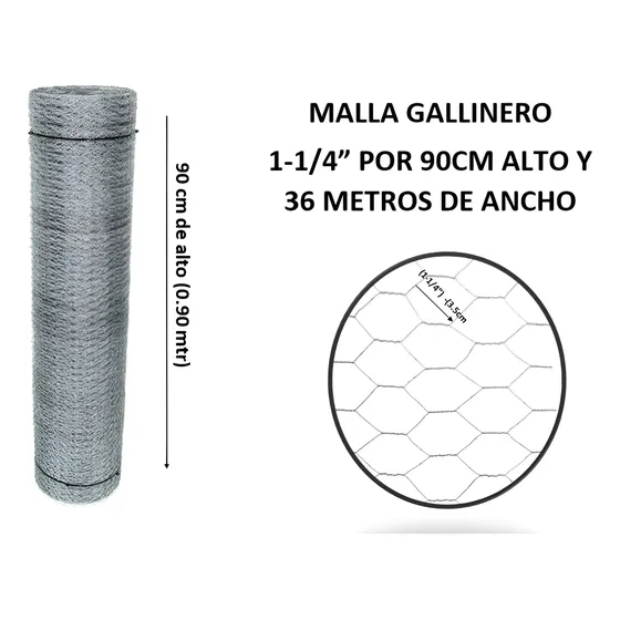 Malla Gallinero Galvanizada 0.9 X 1 1/4pu3.5cm X36 Mts Largo