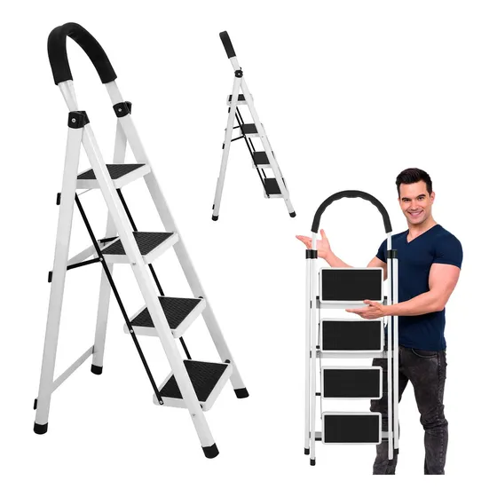 Escalera De Acero Inoxidable Tipo Tijera Plegable 4 Peldaños Color Blanco/Negro