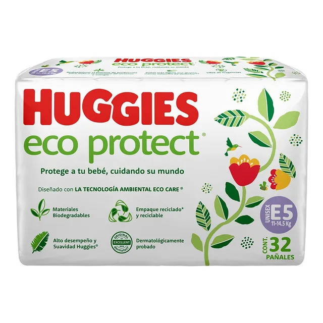 Pañales Huggies Eco Protect Etapa 5 Unisex 32 Piezas