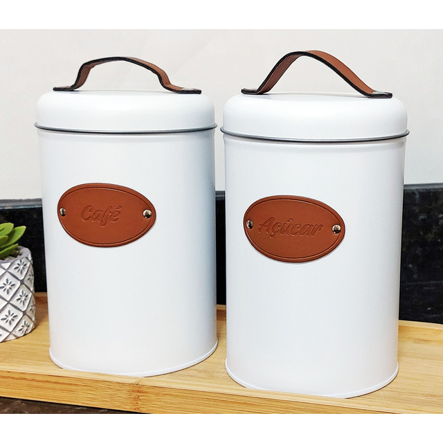 Kit Porta Mantimento Café Açúcar Metal Couro Decoração Lata Kit Porta Mantimento Café Açúcar Metal Couro Decoração Lata
