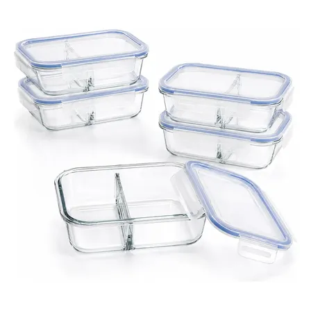 Conjunto 5 Potes Hermético Vidro C/ Divisória Marmita 640ml Transparente