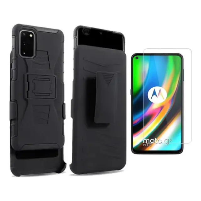 Funda Moto G9 Plus Uso Rudo Clip Case +2 Micas De Cristal