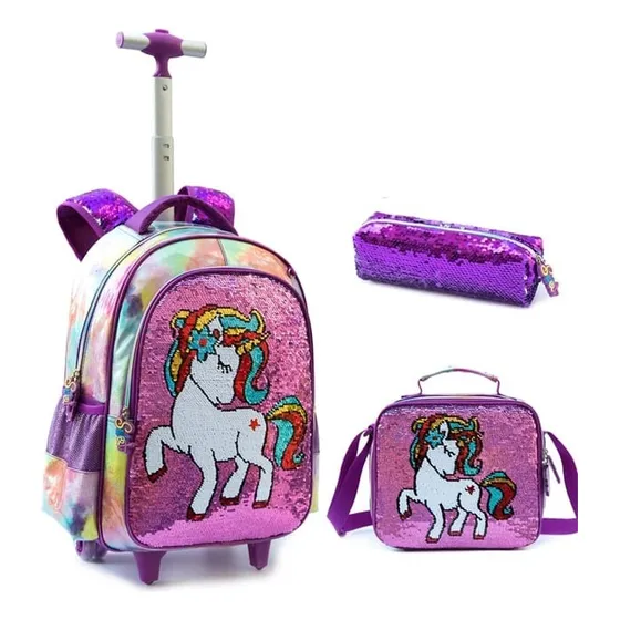 Maleta Lonchera Y Cartuchera Unicornio Lentejuelas Lila