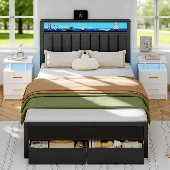 Furrific Cama Individual Plataforma Con Almacenamiento, Cabecero Acolchado Gris Con Estantes, Luces Led Integradas Y Estación De Carga,Base Metálica Con 2 Cajones Con Ruedas, Box SpringL200*W100*H36cm