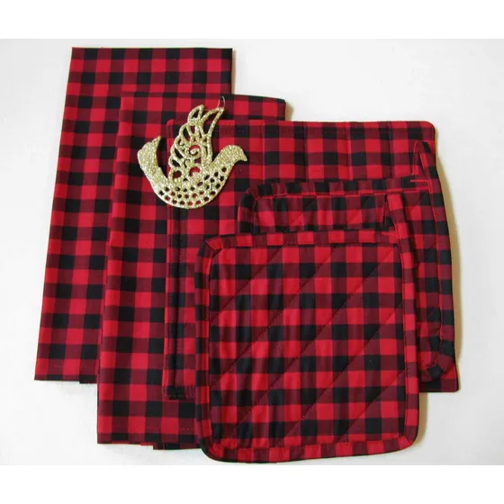 Ropa Cocina Cuadro Rojo Negro 5 Pieza Total Hecho Ee 2