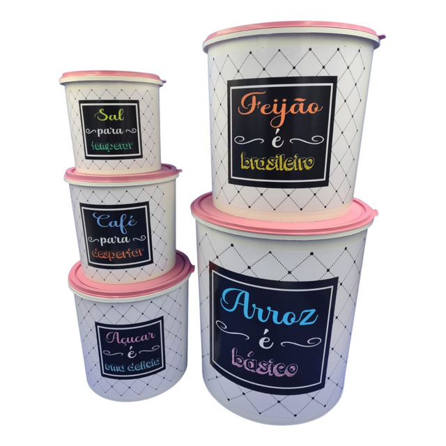 Kit Mantimentos Com 5 Pote Plástico Porta Alimentos Decorado Kit Mantimentos Com 5 Pote Plástico Porta Alimentos Decorado
