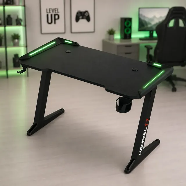 Escritorio Gamer Para Pc Con Luces Led Rgb Hemmel T7 Fibra De Carbono 120x73x60cm Mesa Gaming Madera Profesional Stealth