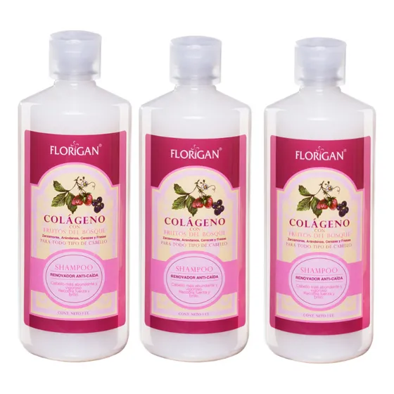 Shampoo Renovador Anticaída Colágeno 1lt. Florigan® 3 Pzas
