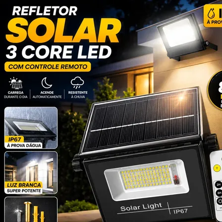 Refletor Solar Led Holofote 300w Placa Bateria Prova D'água 127/220v Preto Branco-frio