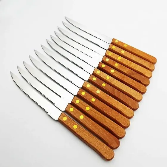 Cuchillos Acero Inoxidable Cubiertos Madera Asado Pack X12 Color Marrón