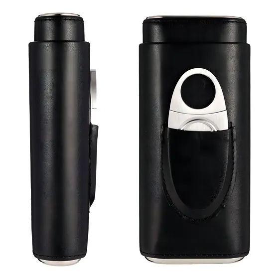Case Porta Charutos P/ Viagem Estojo Em Couro Preto Cortador