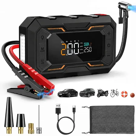aweshine Auxiliar Partida Portátil com Compressor Ar 150 PSI,5 Modo Inflagem,10 Funções Proteção Inteligente,Auxiliar Partida Veicular Carro Moto Caminhão,Digital Duplo,Power Bank e Lanterna LED preto