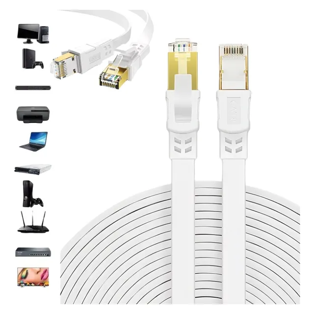 25 Metros Cat 8 Cable Red Plano Rj45 Ethernet Blanco