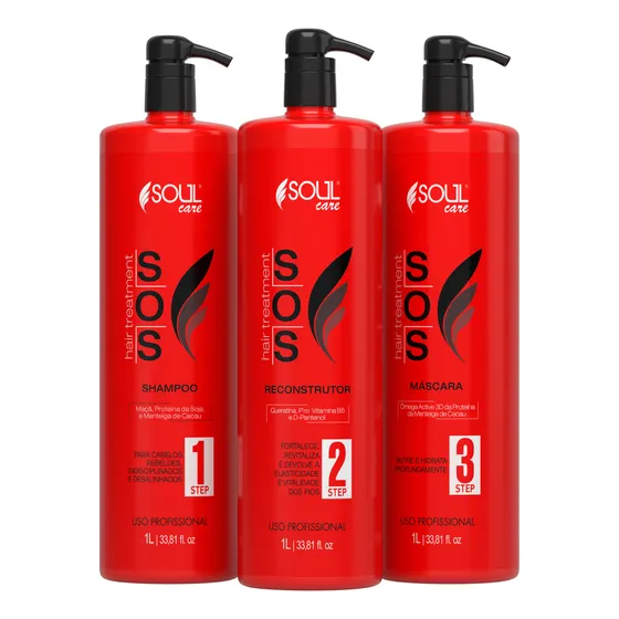 Kit Tratamento Capilar Profissional SOS 3 Litros Soul Care com Shampoo, Reconstrutor e Máscara para Reconstrução, Cauterização, Hidratação, Pós-Química, Cabelos Danificados, Sem Sulfato
