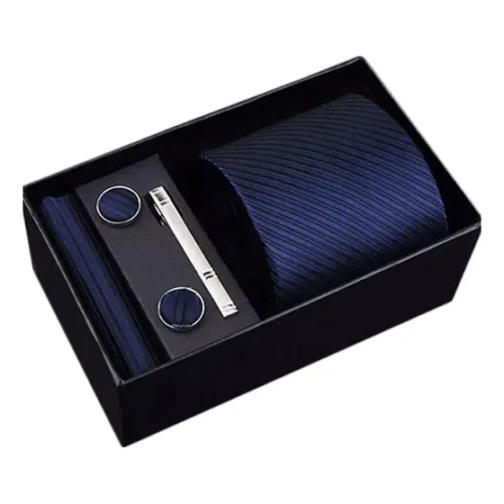 Set Corbata Hombres Pañuelo Sujetador Colleras Padre Color Azul oscuro hb202