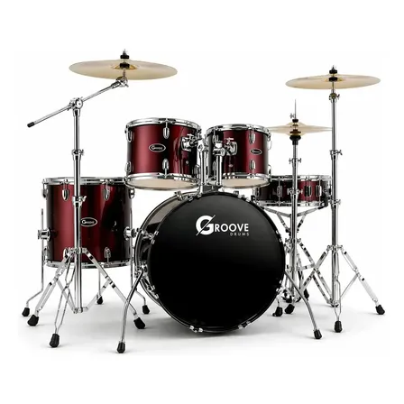 Bateria Acústica Completa Groove Drums Banco Pratos Pedal Pele Hidraúlica - Gd920 Bumbo 20 Wine Red