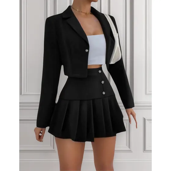 Sexy Conjunto Blazer Saco + Top + Falda Corta Tableada